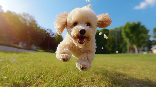 Cane buffo, barboncino corre sul prato.