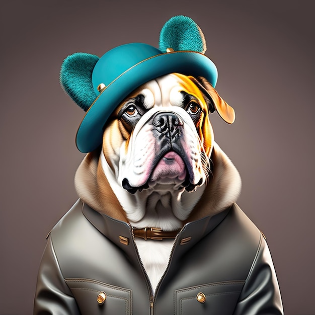 Cane Bulldog che indossa abiti e accessori di moda Ritratto di animali domestici in abiti Moda per cani