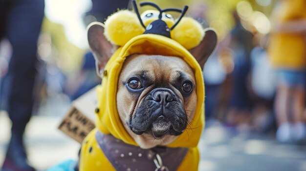 Cane bulldog francese che indossa un costume d'ape con il segno di dimostrazione Generative Ai