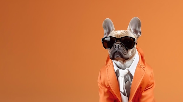 Cane bulldog francese di bell'aspetto che indossa cravatta e occhiali di moda funky