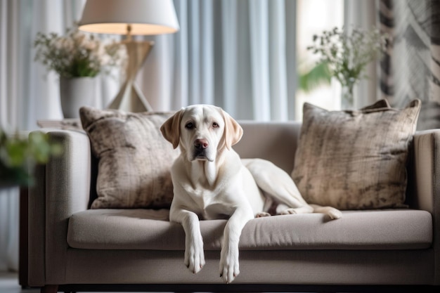 cane Bulldog francese o labrador retriever sul divano AI generativa
