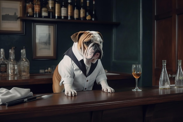 Cane bulldog inglese cameriere nel bar dietro il bancone del bar pub per animali eleganti animali generativi ai