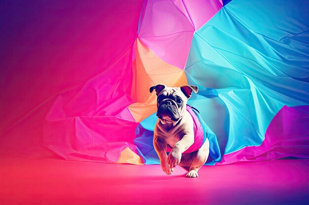 Cane bulldog nell'arte moderna con paracadute colorato IA generativa