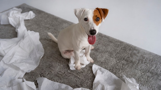 Cane carino ad alto angolo che fa un pasticcio con i tessuti