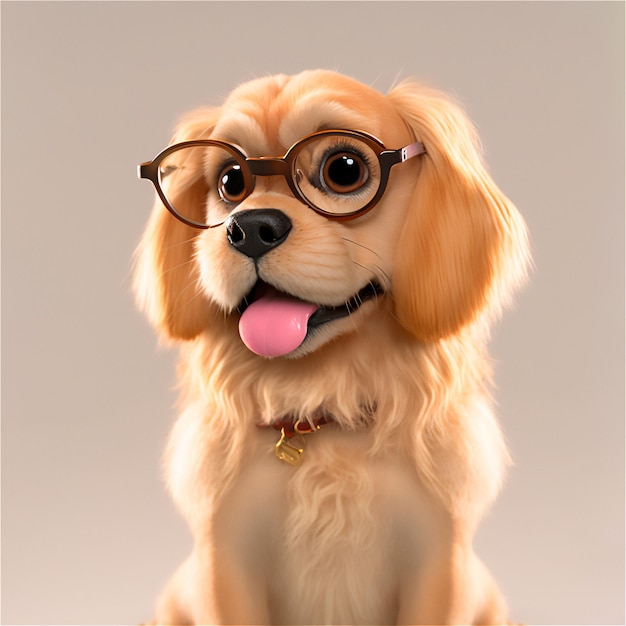 Cane carino bambino con gli occhiali cartone animato sorridente isolato sfondo sfocato illustrazione petshop fuoco selettivo generato AI