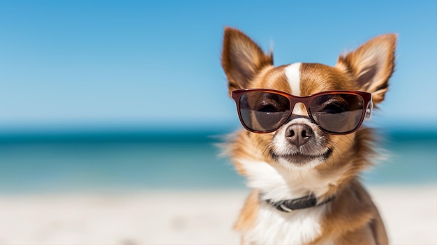 Cane carino con gli occhiali da sole animale domestico divertente sullo sfondo estivo