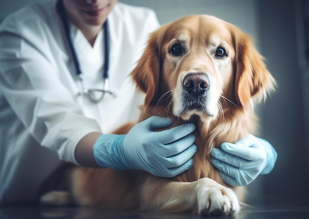 Cane carino con veterinario in clinica veterinaria IA generativa