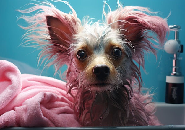 Cane carino dopo un bagno Cane avvolto in un asciugamano Concetto di cura degli animali domestici