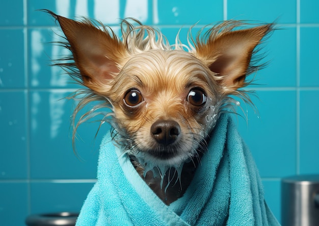 Cane carino dopo un bagno Cane avvolto in un asciugamano Concetto di cura degli animali domestici