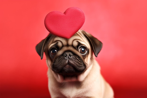 Cane carlino con un cuore rosso in testa