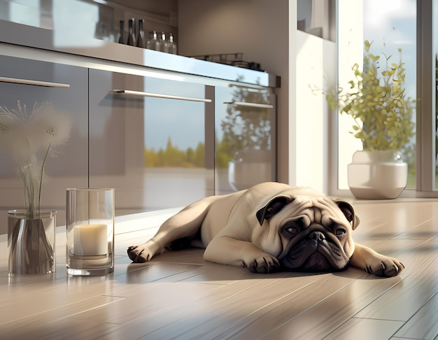 cane carlino nell'interno della cucina moderna seduto sul pavimento ai generativa