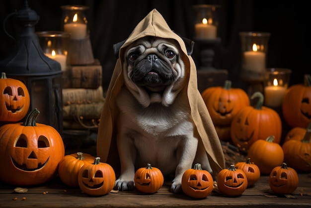 Cane carlino vestito con un tema Halloween generato con l'intelligenza artificiale