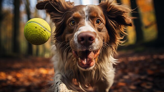 Cane che cattura una palla da tennis in aria