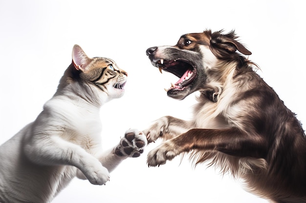 Cane che combatte con un gatto su uno sfondo bianco