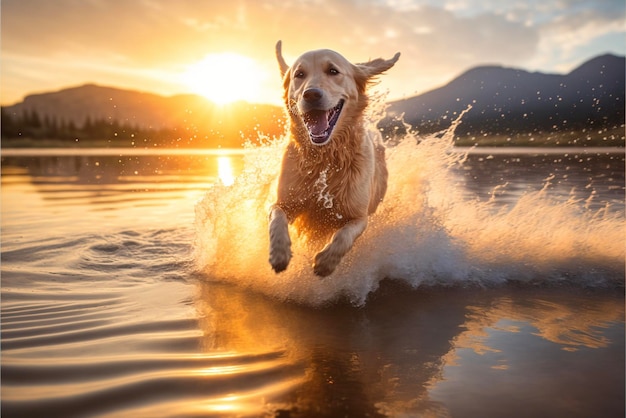 Cane che corre attraverso l'acqua al tramonto