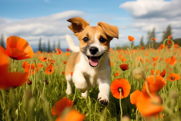 cane che corre attraverso un campo di papaveri paesaggio primaverile