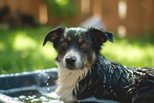 Cane che fa il bagno nel cortile posteriore AI generativa