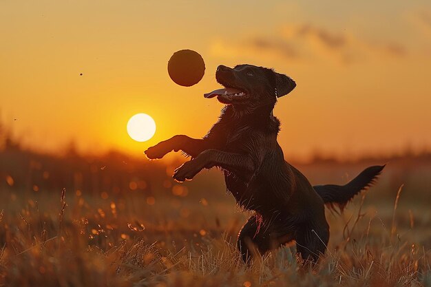 cane che gioca con la palla al tramonto del prato