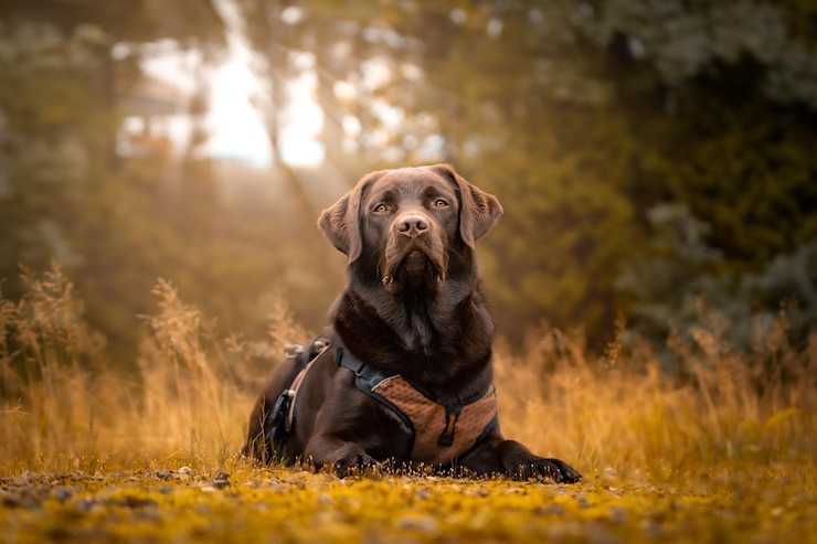 Foto cane che guarda da un'altra parte mentre è seduto a terra