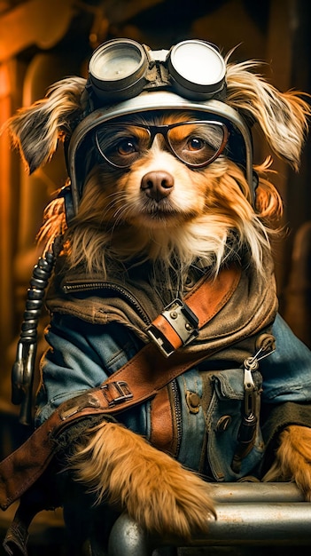 Cane che indossa abiti da pilota e occhiali IA generativa