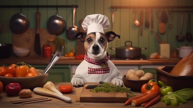 cane che indossa l'uniforme di chef in cucina con le verdure