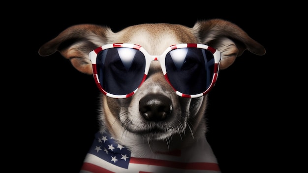 Cane che indossa occhiali da sole degli stati uniti il giorno dell'indipendenza 4 luglio