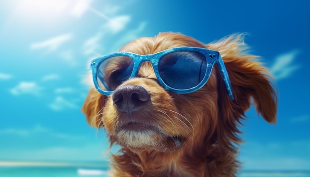 Cane che indossa occhiali da sole su una spiaggia