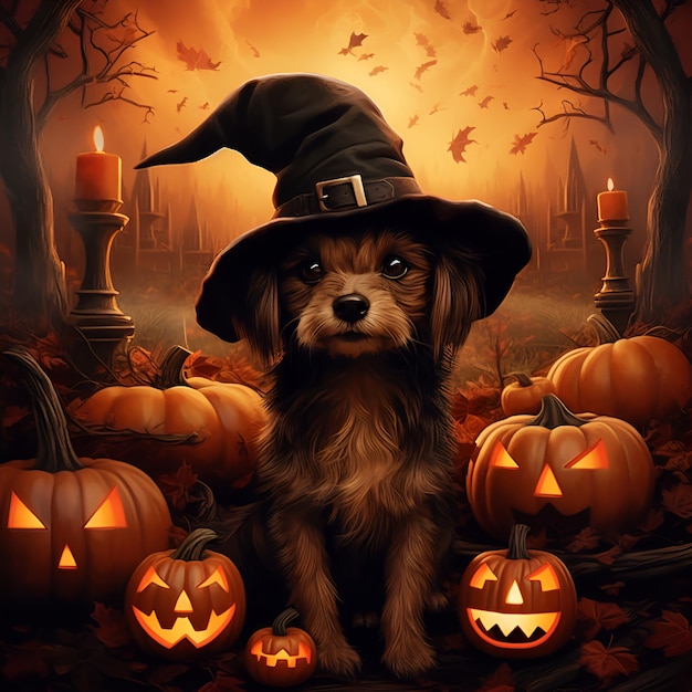 Cane che indossa un cappello in stile Halloween Immagine ai generativa