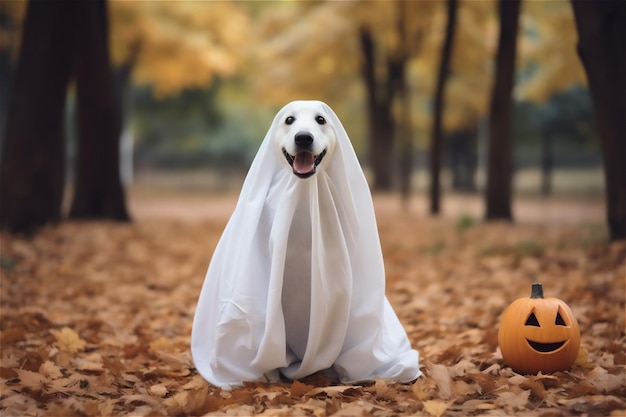 Cane che indossa un costume di fantasma seduto fuori accanto a una zucca per Halloween