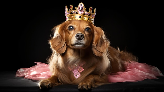 Cane che indossa un costume di principessa e una tiara su sfondo nero