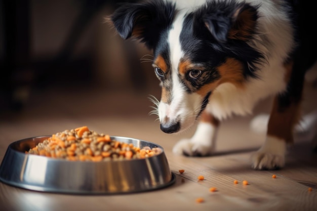 Cane che mangia felicemente cibo per cani fatto in casa da una ciotola creata con l'AI generativa