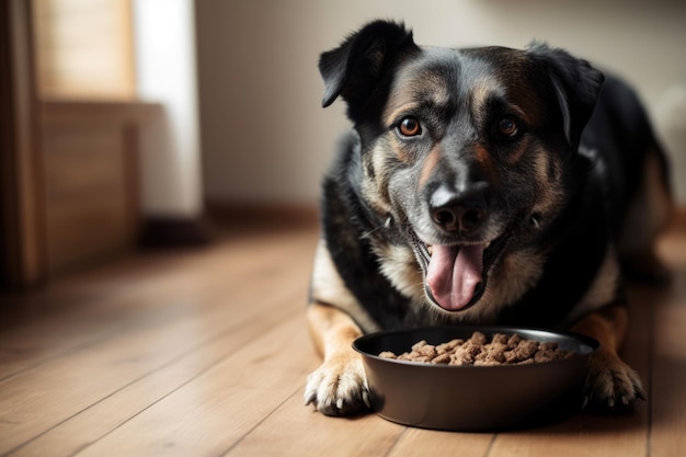 Cane che mangia felicemente cibo per cani fatto in casa dalla ciotola creata con l'IA generativa