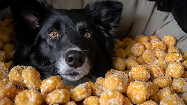 Cane che mangia in un mucchio di cibo