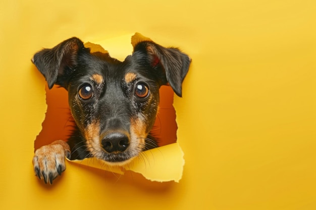 Cane che sbircia fuori attraverso un buco strappato sullo sfondo di carta gialla
