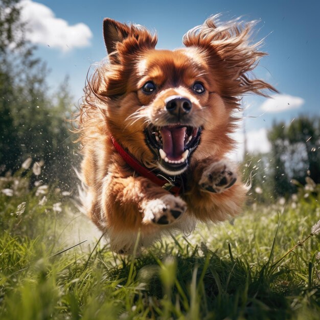 Cane che si diverte e corre verso la telecamera sbava volando su un prato verde Ai generativa