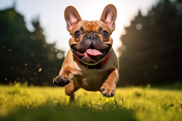 Cane che si diverte e corre verso la telecamera sbava volando su un prato verde Ai generativa