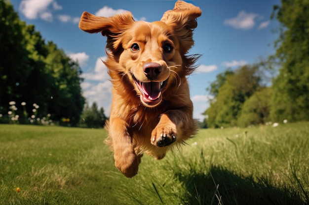 Cane che si diverte e corre verso la telecamera sbava volando su un prato verde Ai generativa