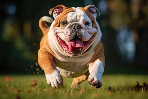 Cane che si diverte e corre verso la telecamera sbava volando su un prato verde Ai generativa