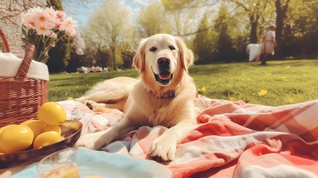 cane che si gode un picnic primaverile con una famiglia Generative Ai