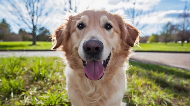 Cane che tira fuori la lingua e guarda il fotografo