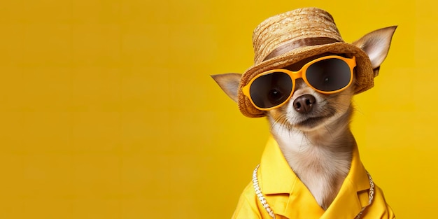 Cane Chihuahua dall'aspetto figo che indossa un abito alla moda funky spazio per il testo a destra AI generativa