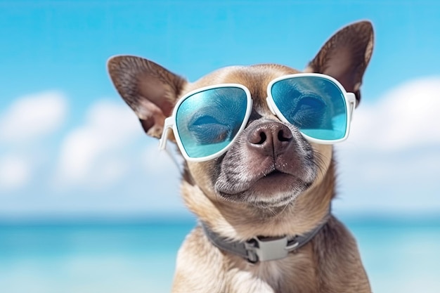 Cane chihuahua in occhiali da sole sullo sfondo del mare Un concetto di vacanza estiva IA generativa