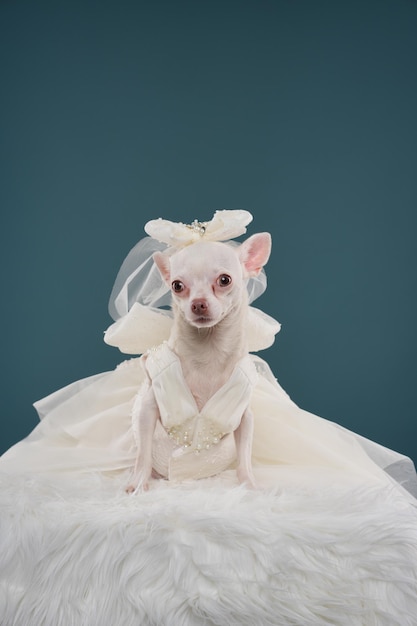 Cane Chihuahua su uno sfondo di fiori blu foto di studio di un cane domestico