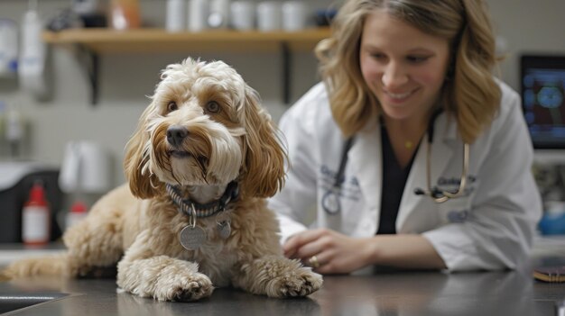 Cane cockapoo esaminato da una veterinaria in una clinica