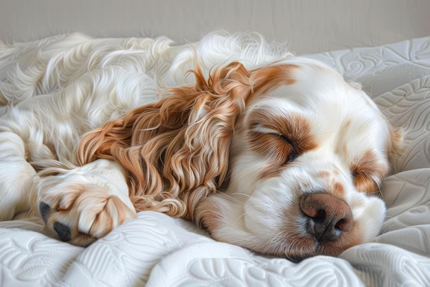 Cane Cocker Spaniel tranquillo che dorme riposando su un letto accogliente in una luce dolce