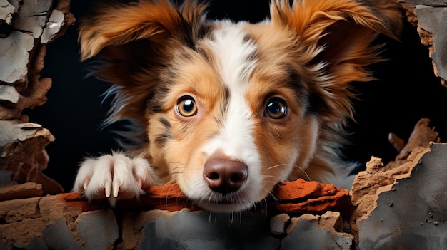 cane collie nel buco del muro nella grotta