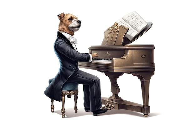 Cane completamente vestito che suona al pianoforte isolato su illustrazione bianca