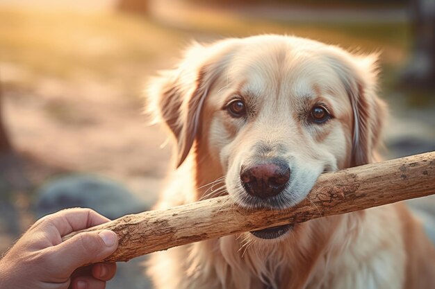 Cane con bastone di legno