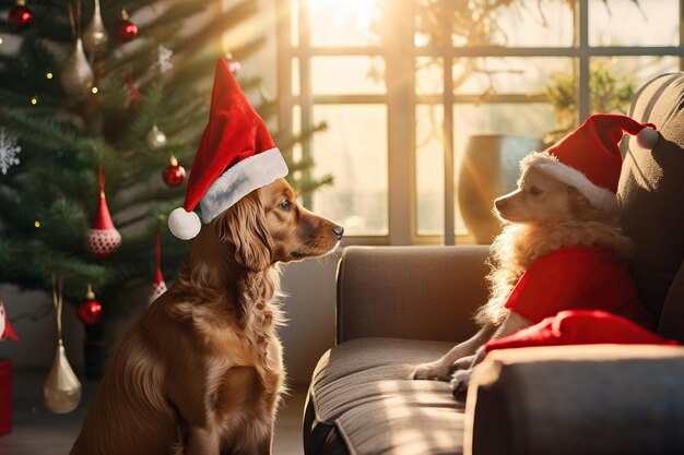 Cane con cappello di Babbo Natale seduto sul divano con l'albero di Natale sullo sfondo