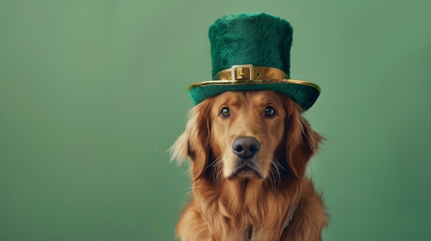 Cane con cappello di elfo su sfondo verde Giorno di San Patrizio